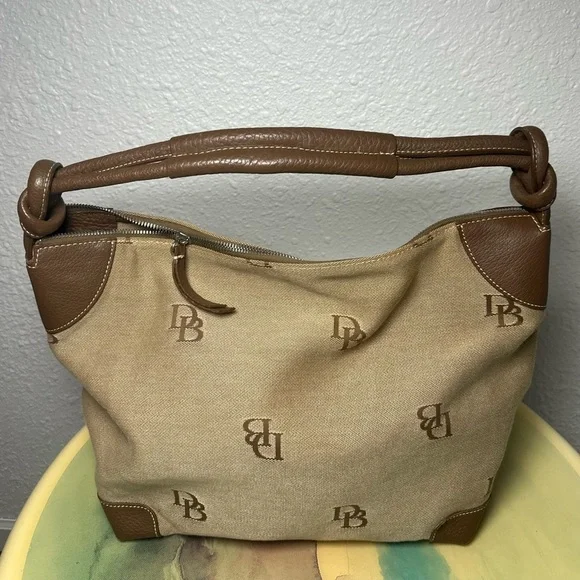 Dooney & Bourke Tan Canvas Brown Leather Knotted Strap Hobo Shoulder Bag Purse - Picture 2 of 10